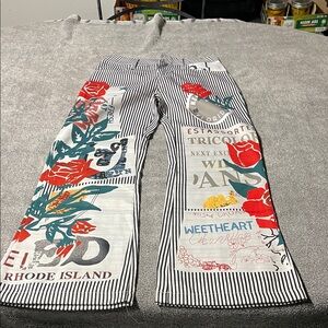 Wide Leg Graphic Print Pants in Black & White Stripe with Red Floral